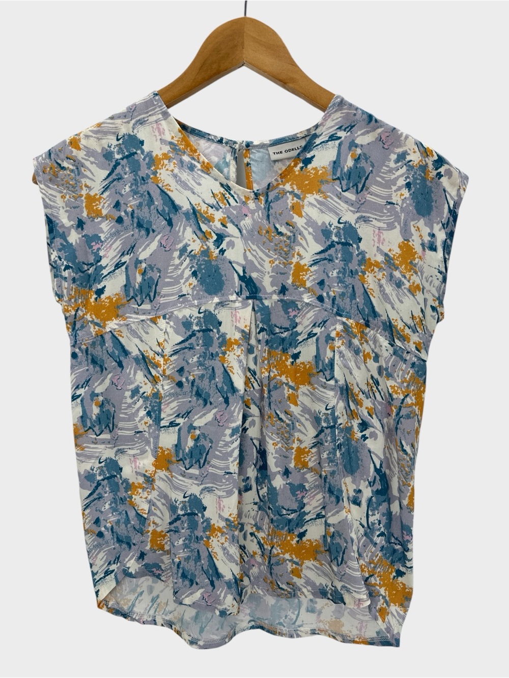The Odells Abstract Print Pleated Blouse Cap Sleeve Layering Top Anthropologie L